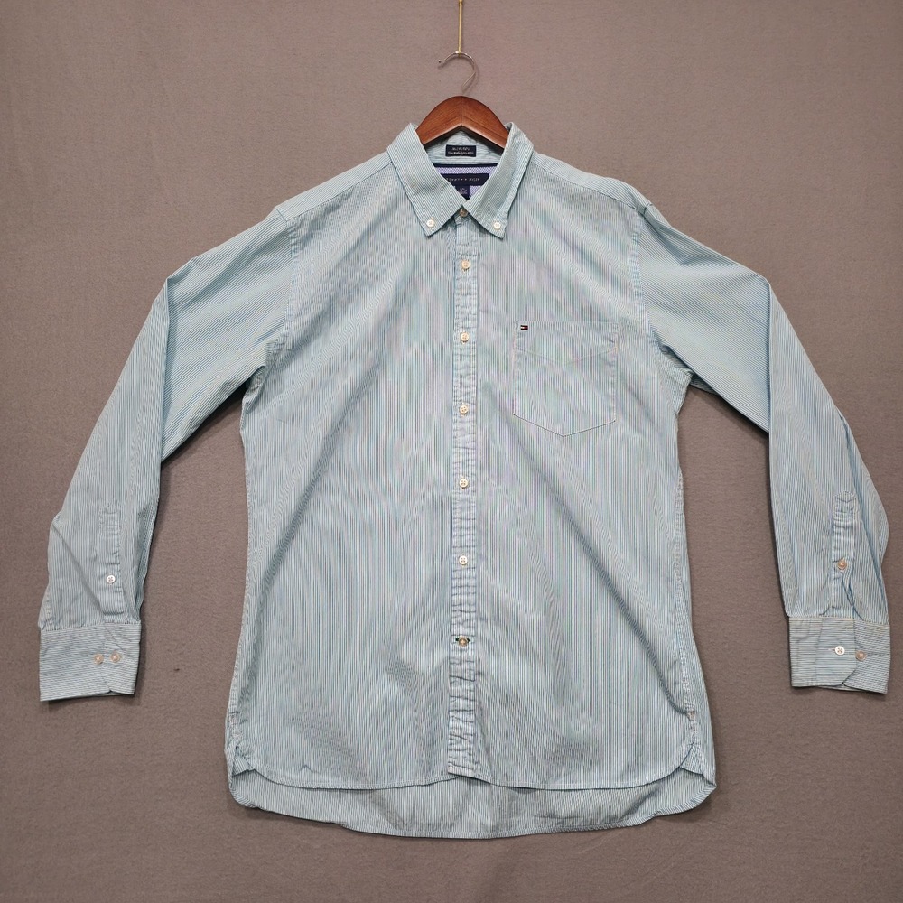 Tommy Hilfiger Men's Green Stripe Custom Fit 80's 2 Ply Long Sleeve Shirt Size L